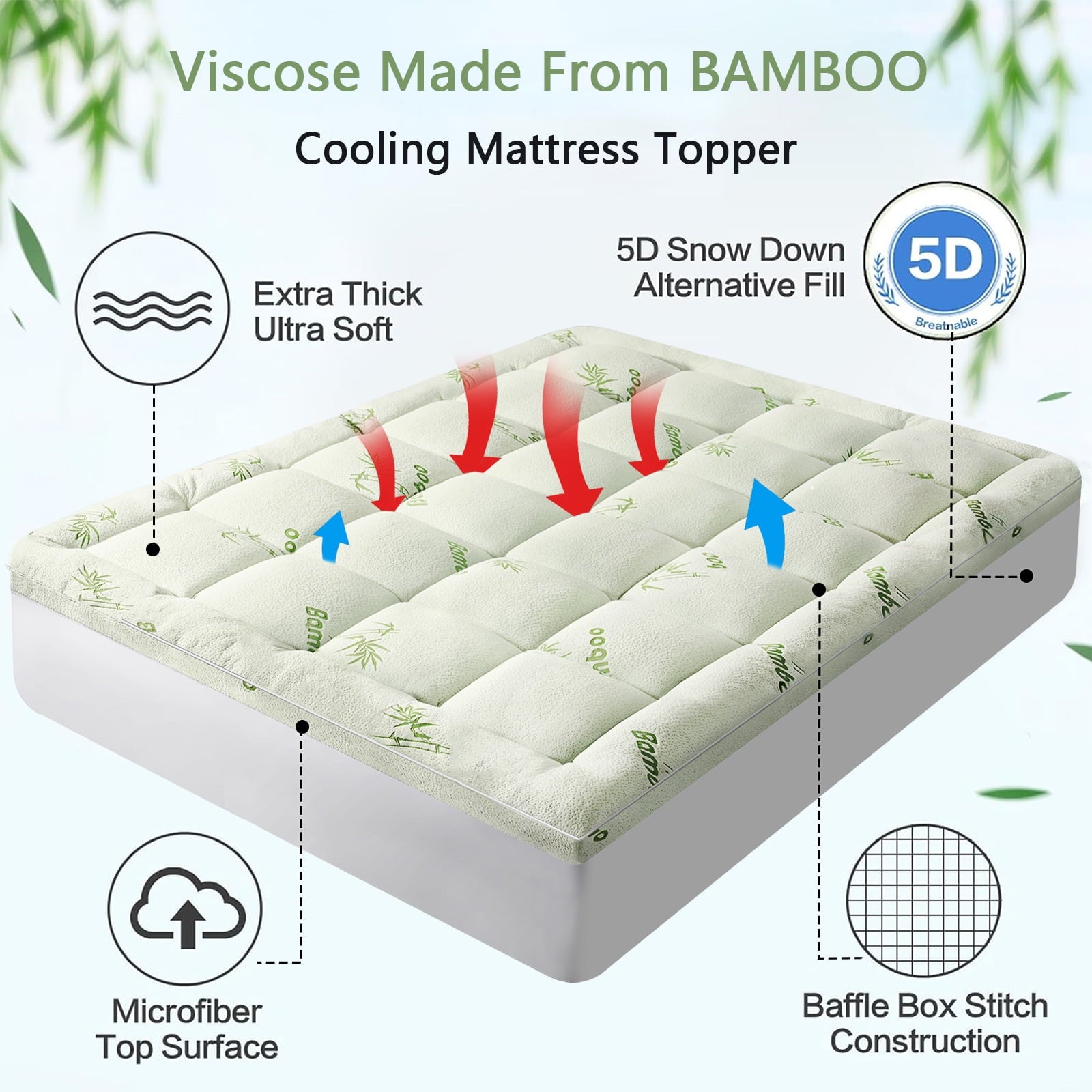 Mattress Topper Short Queen RV Size ,Bamboo Extra Thick Mattress Pad Cover Soft Plush Noiseless Down Alternative Fill,with 8-21" Deep Pocket